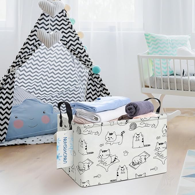 LANGYASHAN Rectangular Storage Bin Collapse Canvas Fabric Cartoon Storage Basket - Image 4