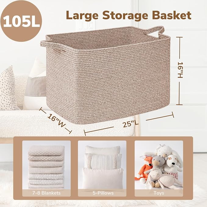 Goodpick 105L Large Woven Storage Basket, Rectangle Cotton Rope Basket - Image 3