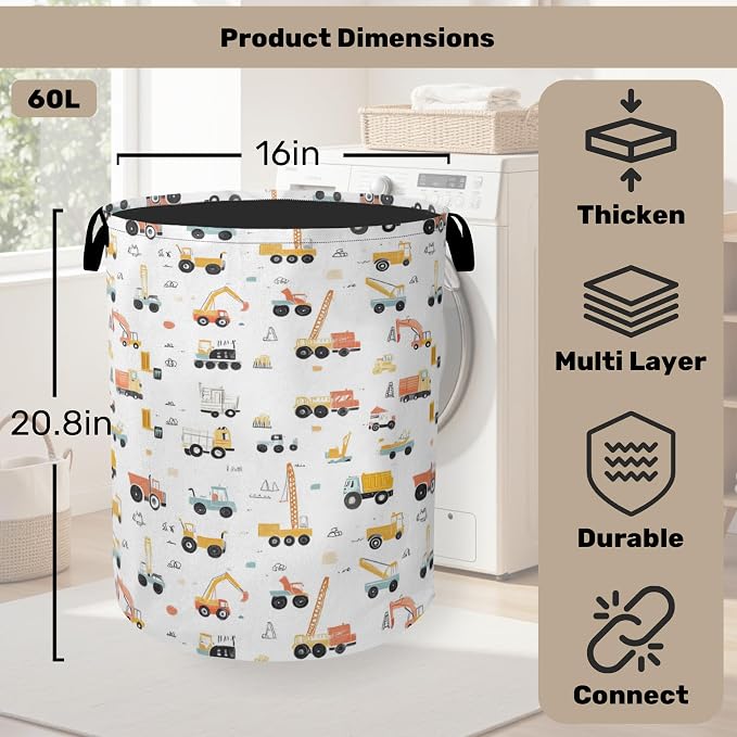 Cartoon Construction Vehicle Foldable Canvas Laundry Basket - Image 2