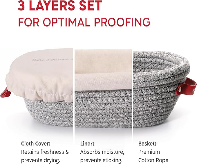 KneadAce Cotton Rope Banneton Bread Proofing Basket Set, 2 x Oval Bread Basket - Image 3