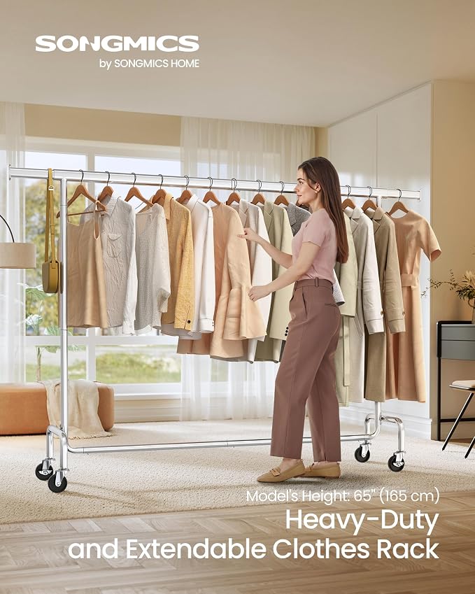 SONGMICS Clothes Rack with Wheels, Heavy-Duty Garment Rack with Extendable - Image 2