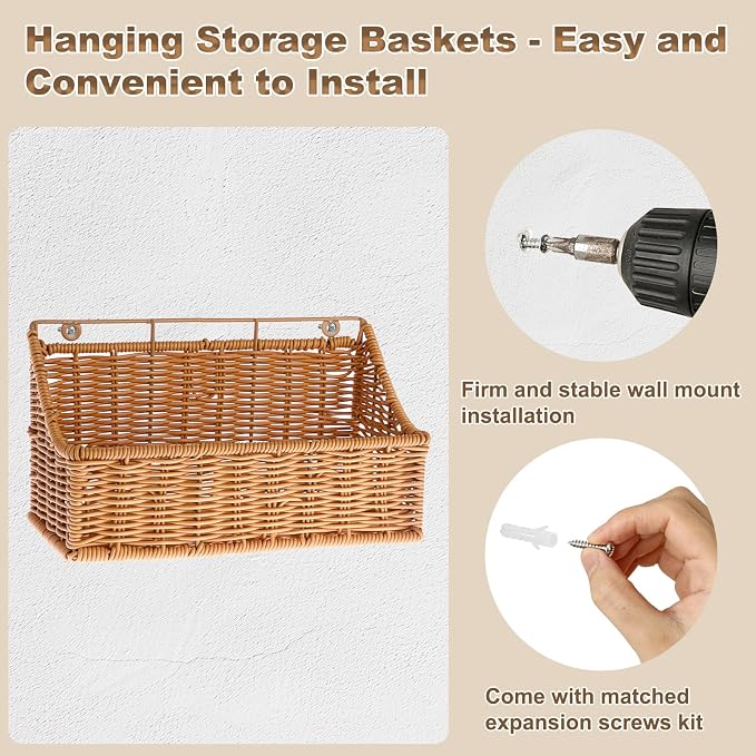 OwnMy 2PCS Plastic Wicker Hanging Basket Wall Mount Storage Baskets - Image 8