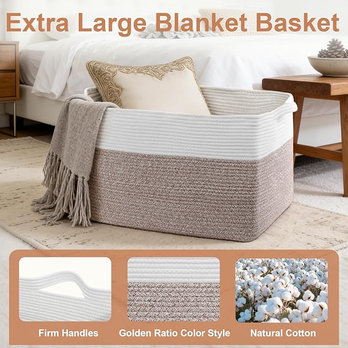105L XXXL Large Blanket Basket, Rectangular Cotton Rope Basket, Laundry Hamper - Image 3
