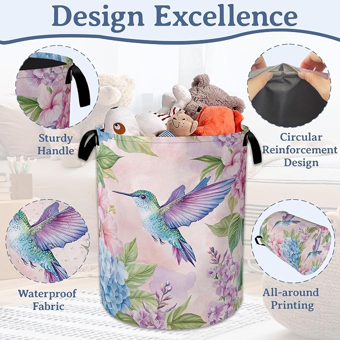 Hummingbird Laundry Basket, Foldable Oxford Cloth Pink Flower Laundry Hamper - Image 4