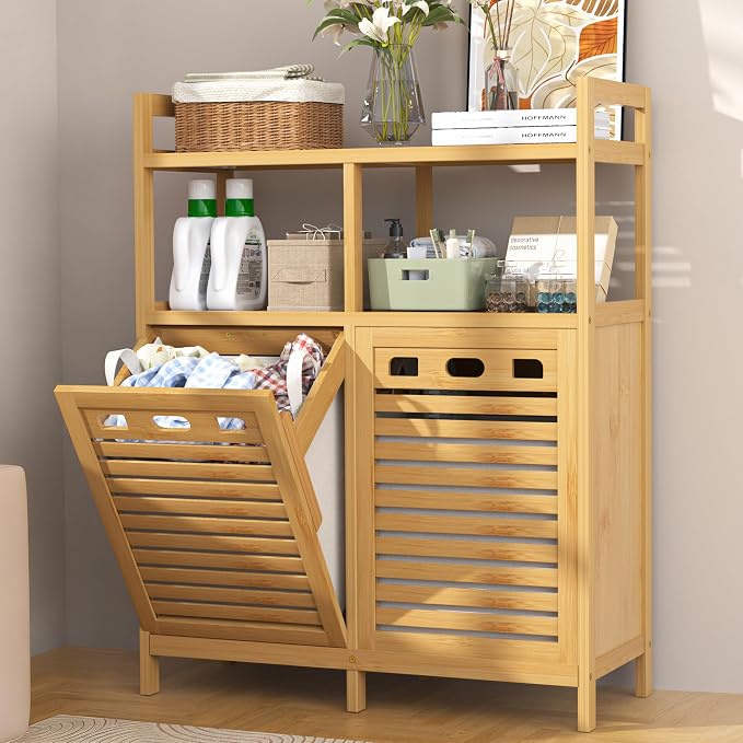 VASMIA Tilt Out Laundry Hamper Cabinet, Bamboo Double Laundry Hamper by VASMIA