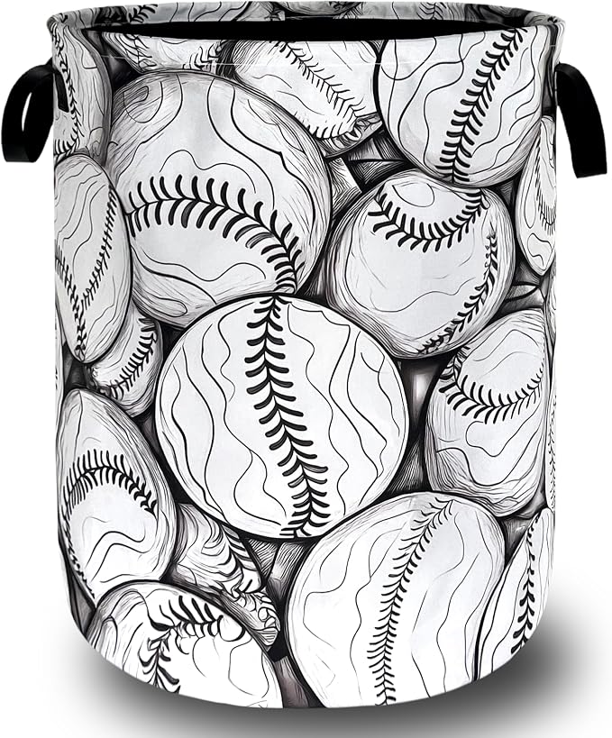 Black White Baseball Pattern Laundry Basket Foldable Oxford Cloth Baseball by SELIONLIKN
