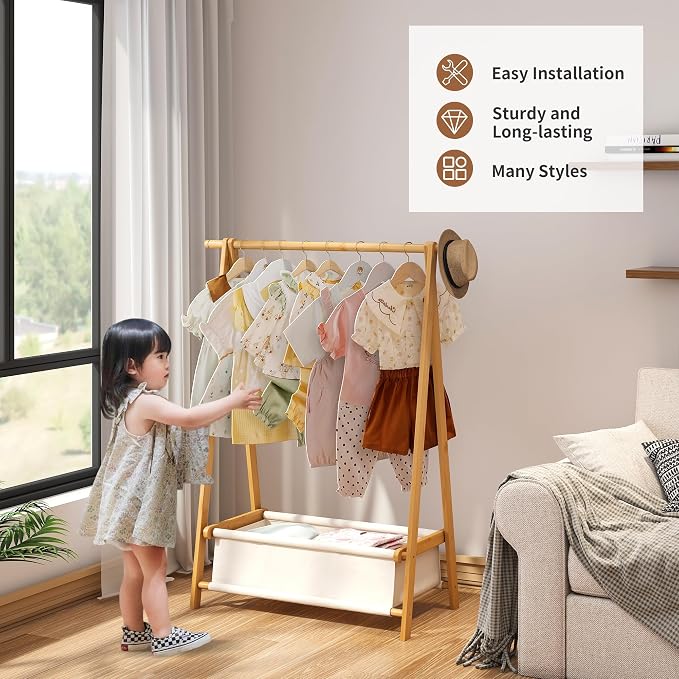 FILWH Bamboo Clothes Rack with Storage Box Foldable Garment Holder Coat Rack - Image 3