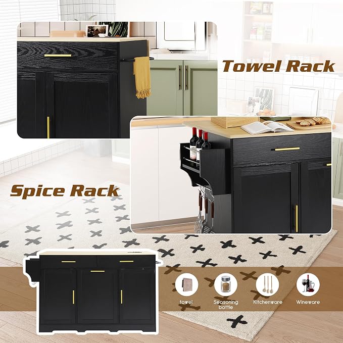 60" Kitchen Island with Power Outlet & Drop Leaf, Rolling Kitchen Island Table - Image 4