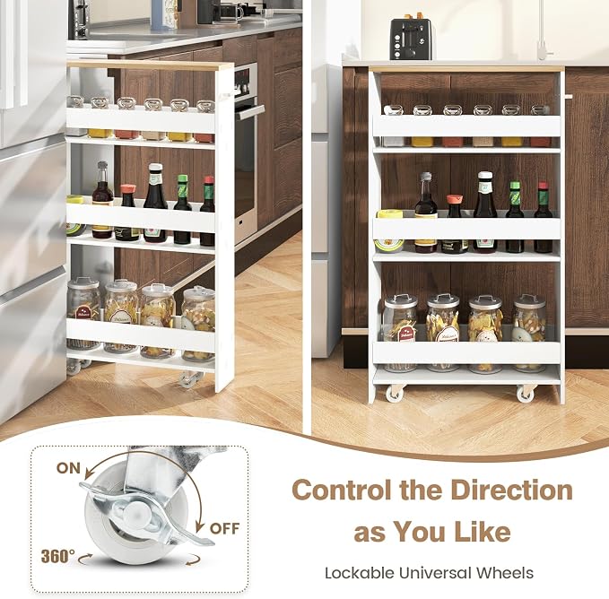 TANGZON 4-Tier Storage Trolley, Slide Out Slim Rolling Kitchen Cart - Image 3