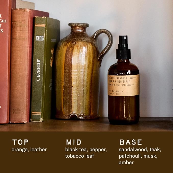 P.F. Candle Co. Teakwood & Tobacco Scented Room & Linen Spray Amber Glass Bottle - Image 2