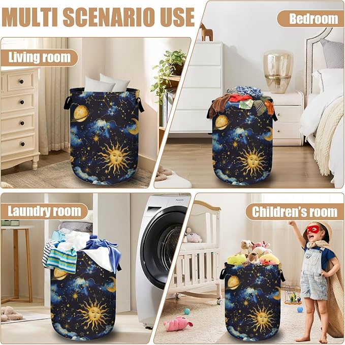 Sun Moon Laundry Basket, Foldable Cloudy Starry Night Laundry Hamper Tote Bag - Image 7