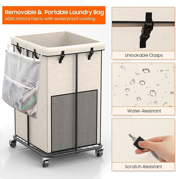 160L Laundry Basket with Wheels, Rolling Laundry Hamper with Removable Bag and - Image 5