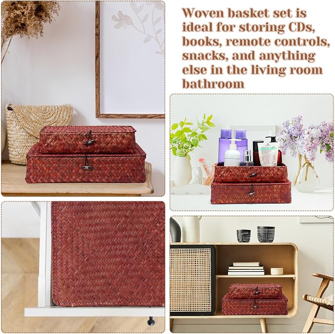 Set of 4 Seagrass Basket with Lid Wicker Storage Basket Decorative Storage - Image 7