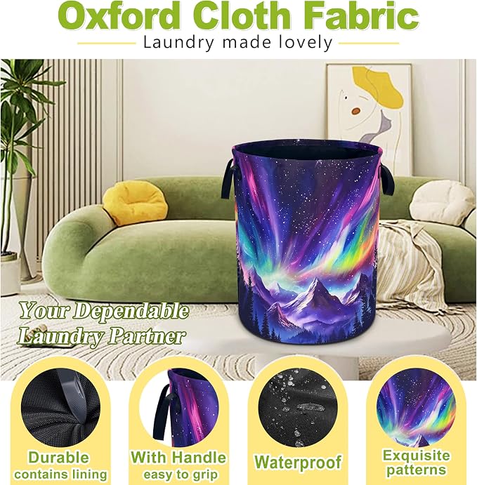 Aurora Mountains Laundry Basket Night Sky Forest Foldable Waterproof Oxford - Image 3