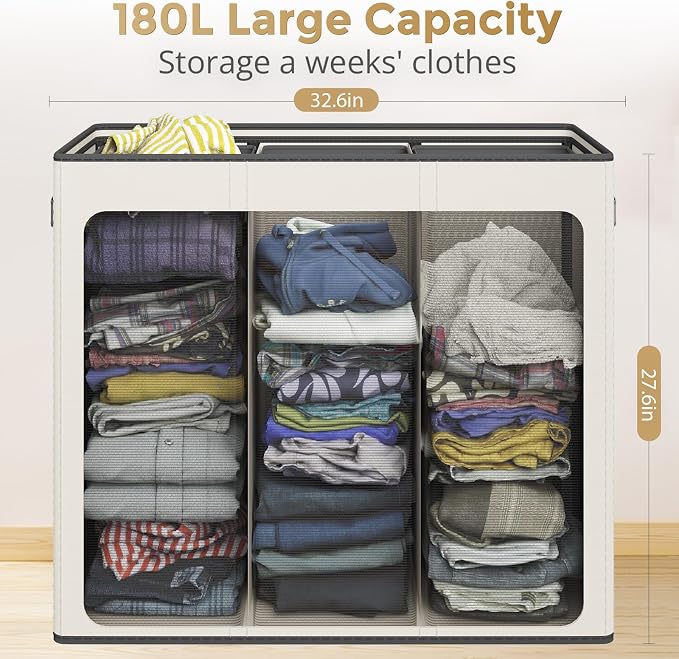 180L Laundry Hamper 3 Section, Large Laundry Basket - Image 4