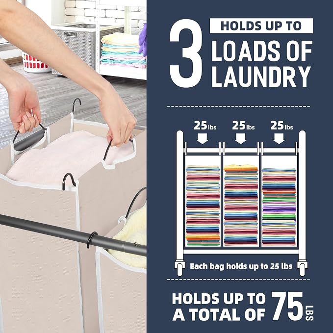 STO STO Laundry Sorter 3 Section, 3 Bag Clothes Hamper, Rolling Laundry Cart - Image 4