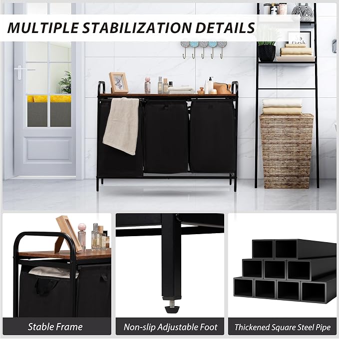 3 Section Laundry Hamper with Shelf, Laundry Basket Organizer with 3 Pull-Out - Image 5