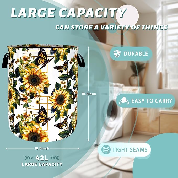 Yellow Sunflower Butterfly Laundry Basket Flowers Foldable Funny Laundry Hamper - Image 2