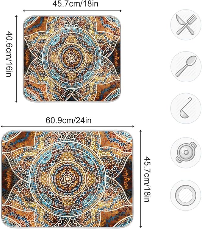 Decorative Mandala Dish Drying Mats 18 x 24 Inch Super Absorbent Microfiber - Image 3