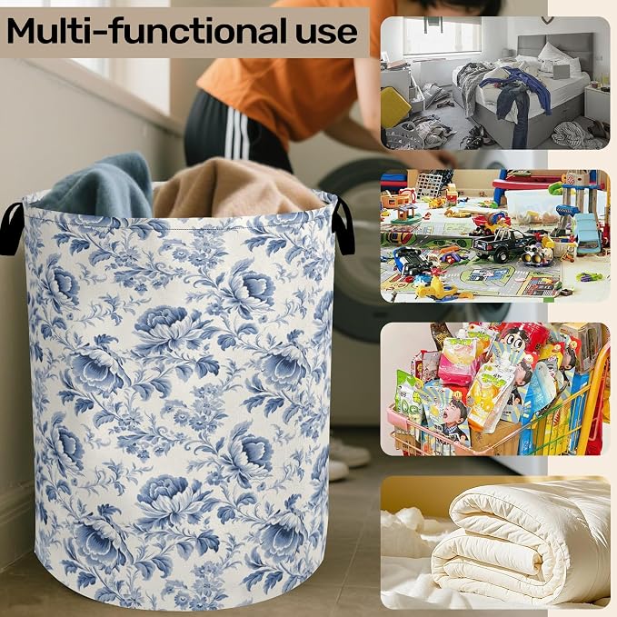 Beige Navy Blue Floral Laundry Basket - Image 6