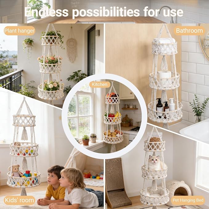 3 Tier Hanging Fruit Baskets for Kitchen, Macrame Plant Hanger Cotton Rope - Image 6