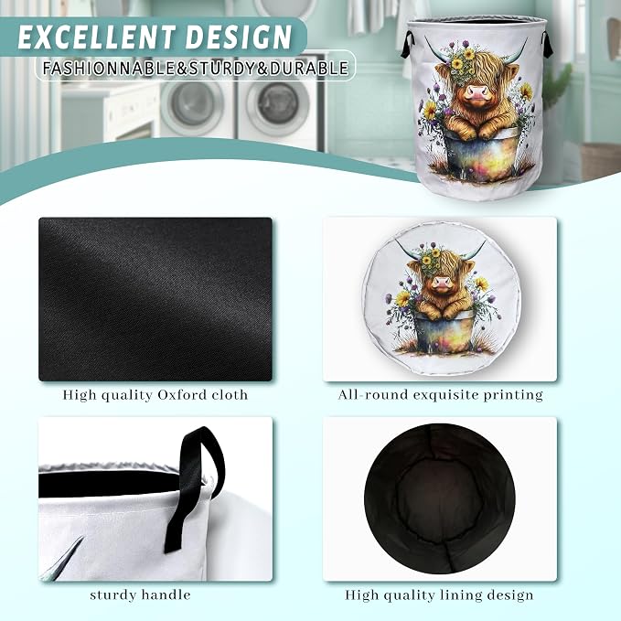 Cute Highland Cow Laundry Basket Foldable - Image 5