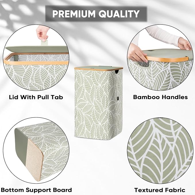 BALEINE Laundry Hamper with Lid, Tall Laundry Baskets with Bamboo Pull Handles - Image 3