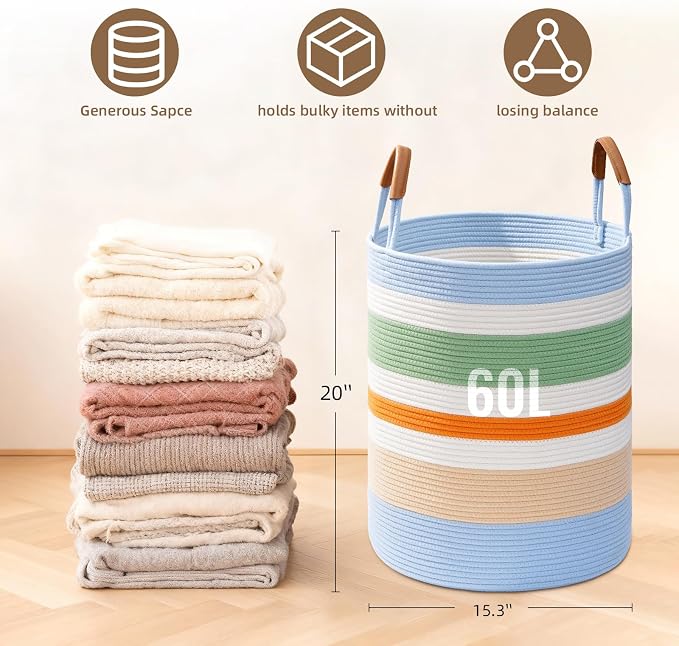 60L Striped Laundry Basket, Rainbow Laundry Hamper - Image 4