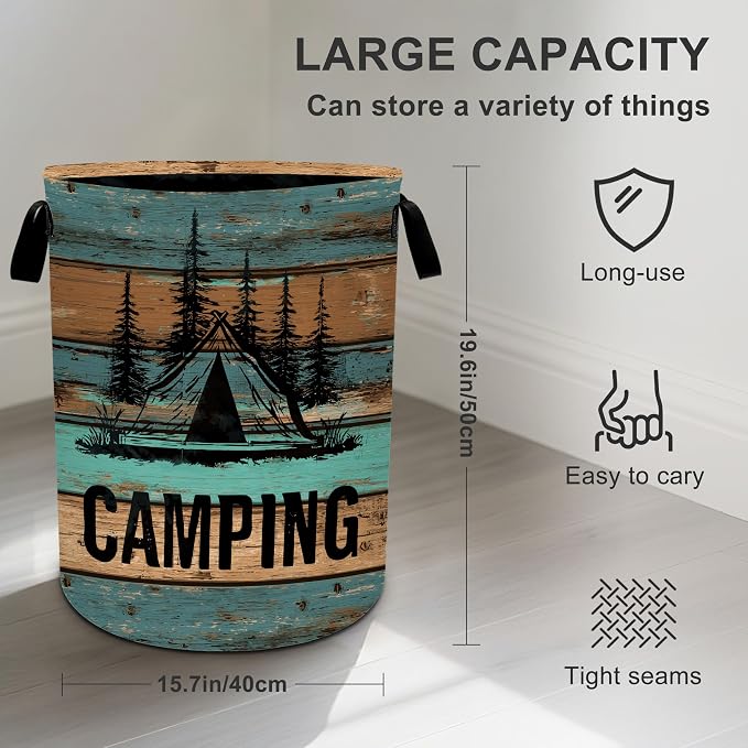 Wood Print Camping Laundry Basket Storage Bin Foldable Laundry Hamper Clothes - Image 3