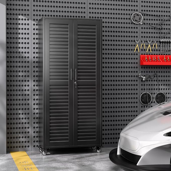 Garage Storage Cabinet with Wheels & Pegboard, Lockable Metal Storage Cabinet - Image 7