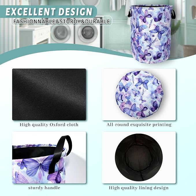Blue Purple Butterfly Laundry Basket Foldable - Image 5