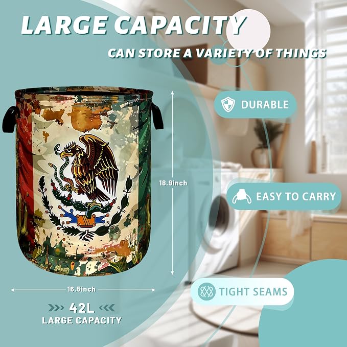 Mexican Flag Laundry Basket Retro Mexican Cactus Foldable Funny Laundry Hamper - Image 2