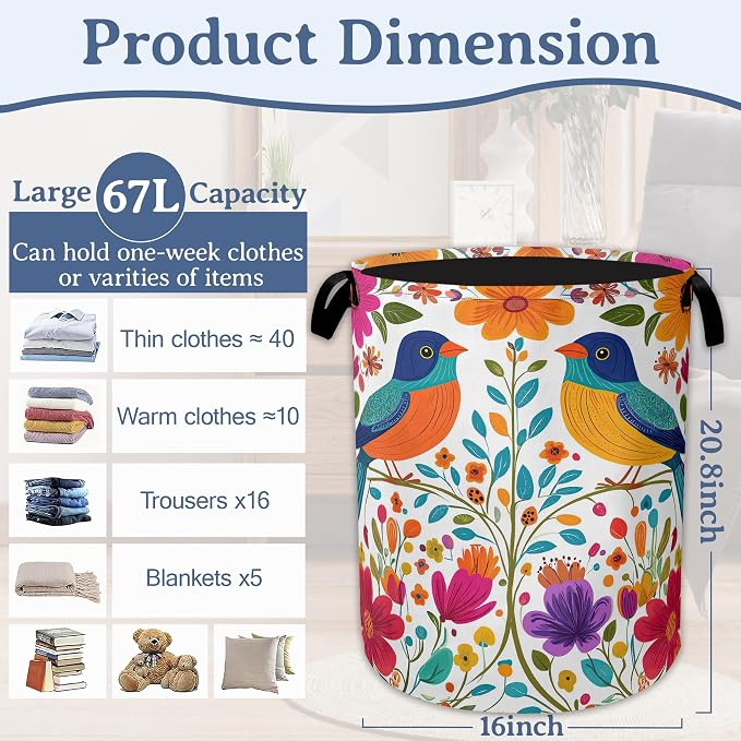 Bird Flower Laundry Basket, Oxford Cloth Mexico Laundry Hamper - Image 2