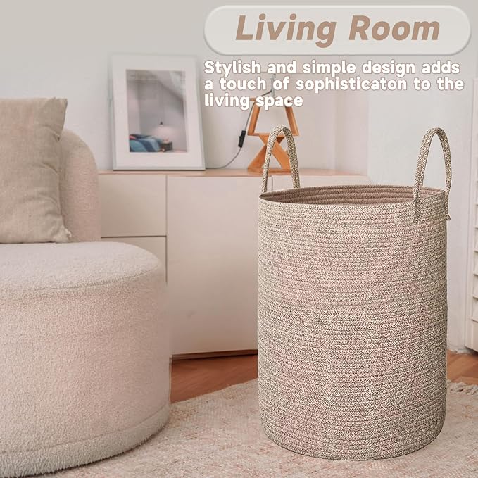 Large Woven Laundry Basket Hamper, 100L Cotton Rope Storage Bin - Image 3