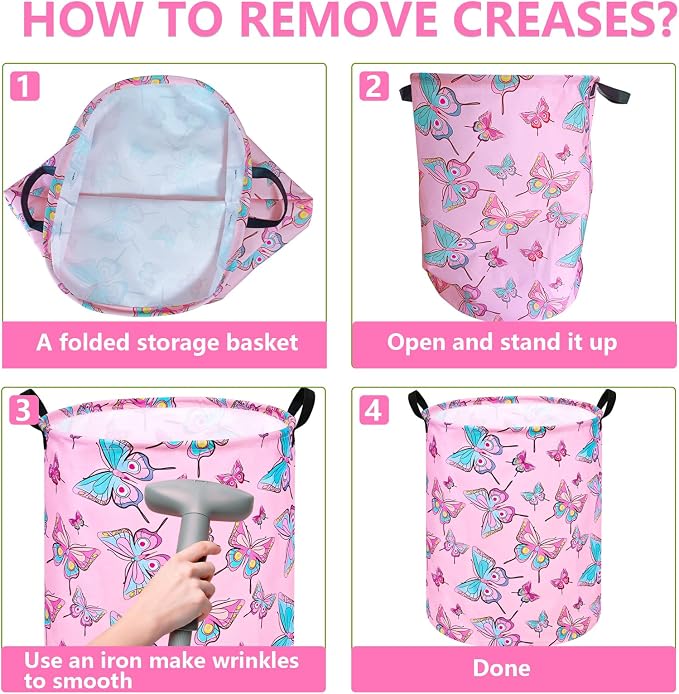 Round Pink Butterfly Laundry Basket Storage Bins Nursery Hamper Gift Baskets - Image 4