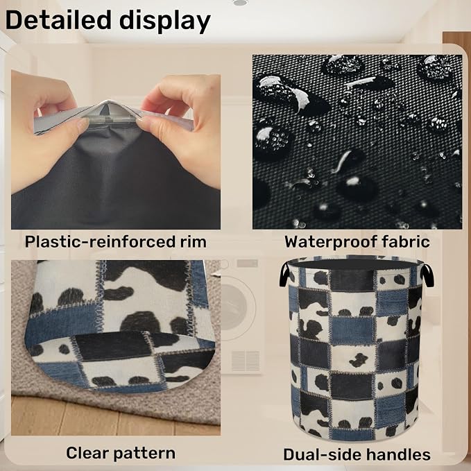 Denim Patchwork Cow Print Large Clothes Hamper Bag - Image 5