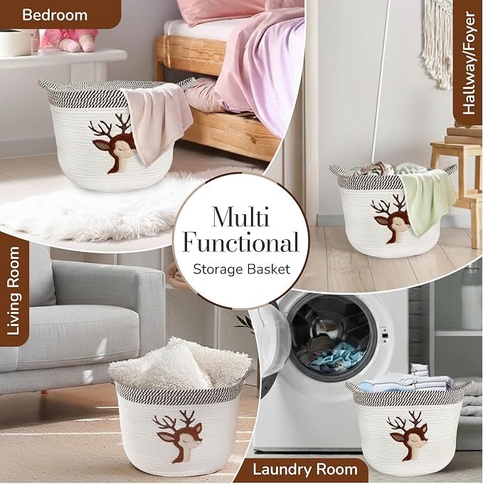 Deer Storage Basket for Nursery – Large 15”x11” Cotton Rope Bin - Image 6
