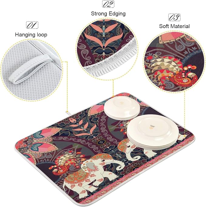 Vintage Indian Elephants Peacock Absorbent Dish Drying Mat, 16 Inch x 18 Inch - Image 3