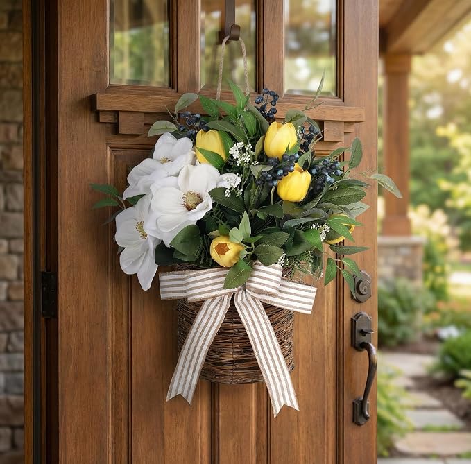 20" Spring Easter Floral Basket Wreath - Image 2