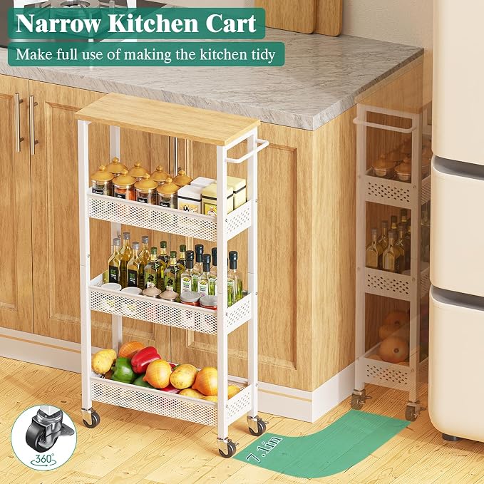 Giwil Slim Rolling Storage Cart 4 Tier Bathroom Organizer Mobile Shelving Unit - Image 2