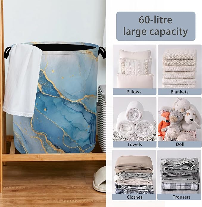 Blue Gold Marble Laundry Basket, Foldable - Image 6