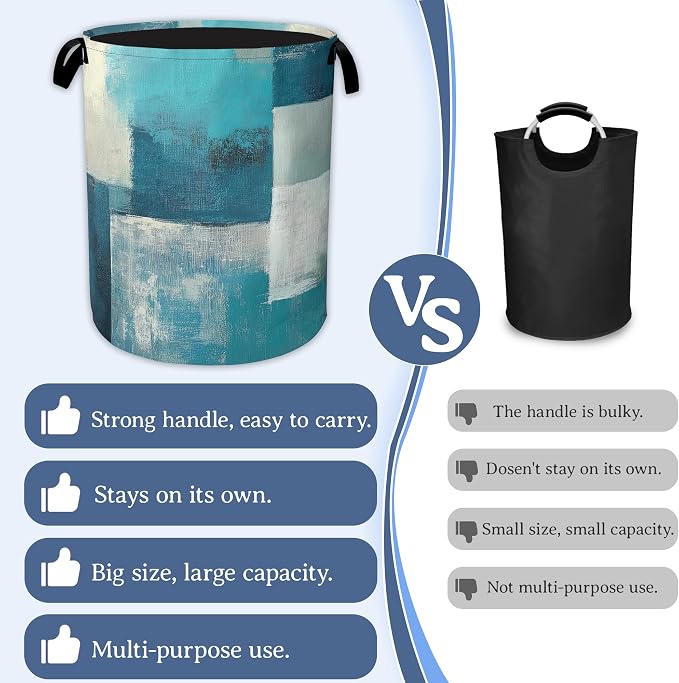 Turquoise Grey Abstract Art Painting Laundry Basket, Foldable Oxford Cloth - Image 3