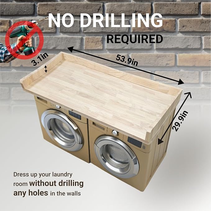 Skywin Washer Dryer Countertop 54 x 30 Inches, Single Real Solid Wood Butcher - Image 3