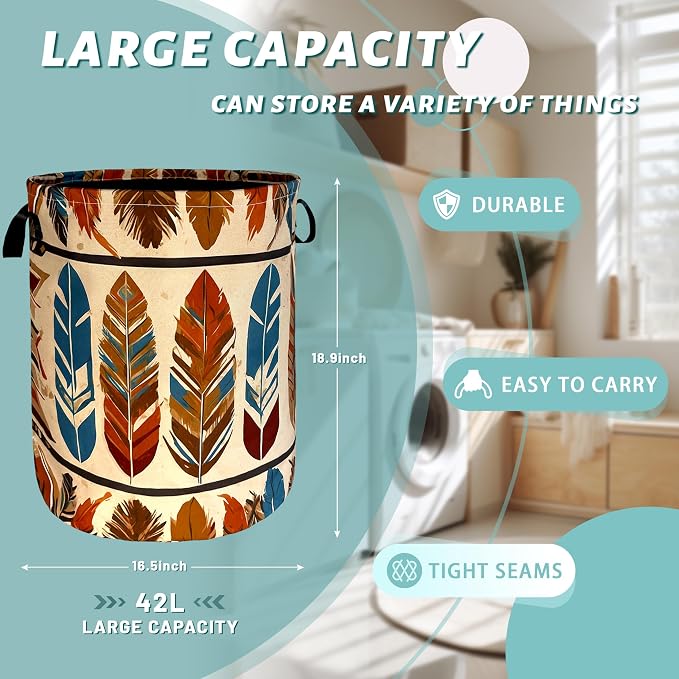 Boho Feather Print Laundry Basket Western Funny Laundry Hamper Foldable Oxford - Image 2