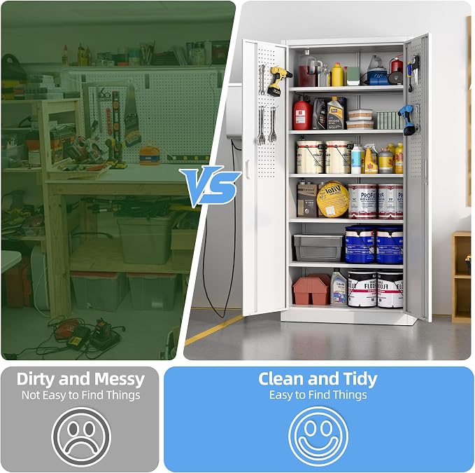 Metal Garage Cabinet with Pegboard and Hooks, Metal Tool Storage Cabinet with 2 - Image 5