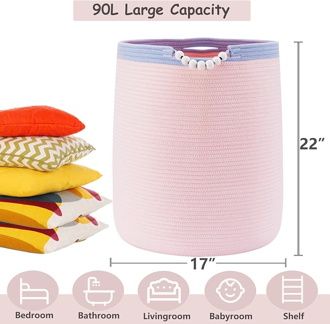 90L Large Pink Woven Rope Laundry Hamper Basket - Image 2