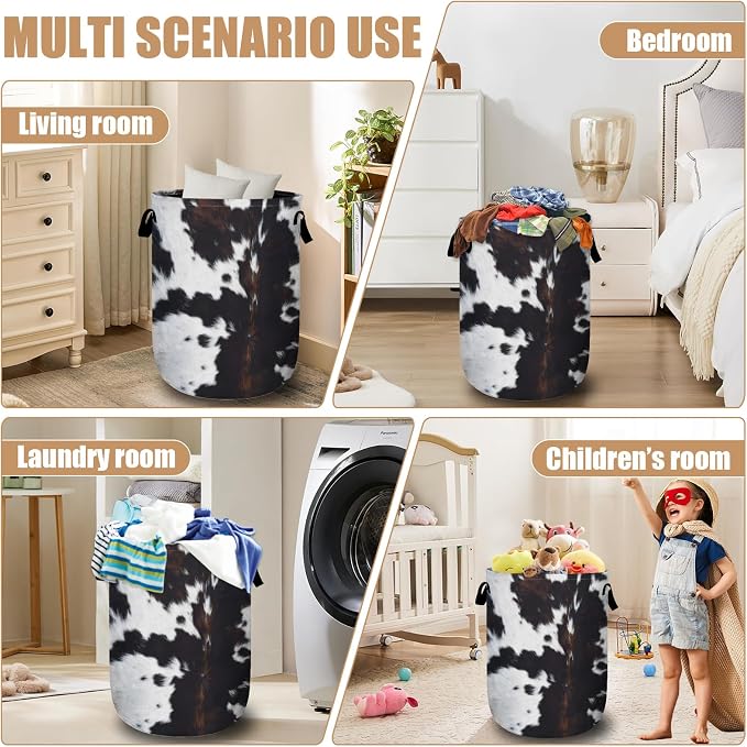 Brown Cowhide Laundry Basket, Cowskin Print Laundry Hamper Tote Bag Dirty - Image 7