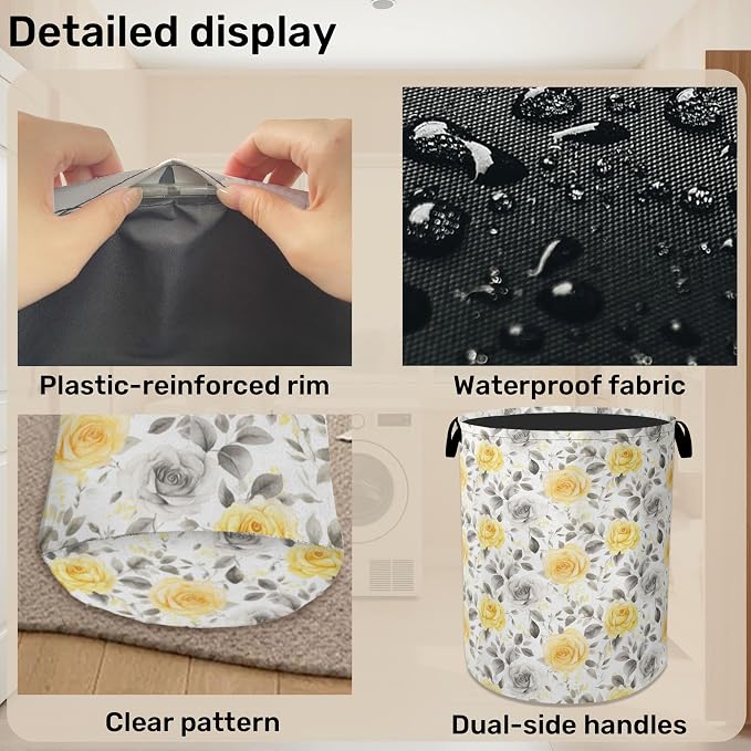Yellow Gray Flowers Large Clothes Hamper Bag - Image 5
