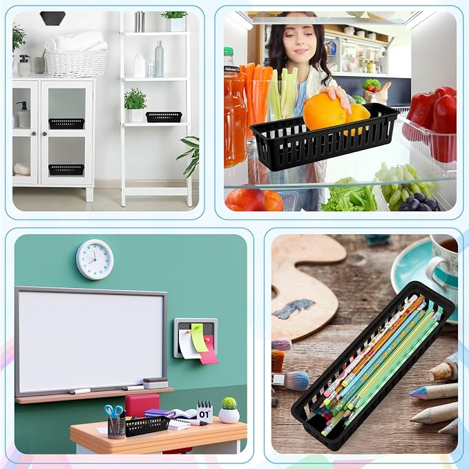 12 Pcs Black Slim Plastic Storage Baskets Tray 10 x 3 x 2.5 Inch Compact - Image 7