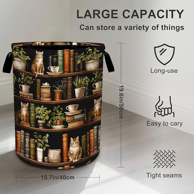 Wooden Bookshelf Cat Laundry Basket Storage Bin Foldable Laundry Hamper Clothes - Image 4